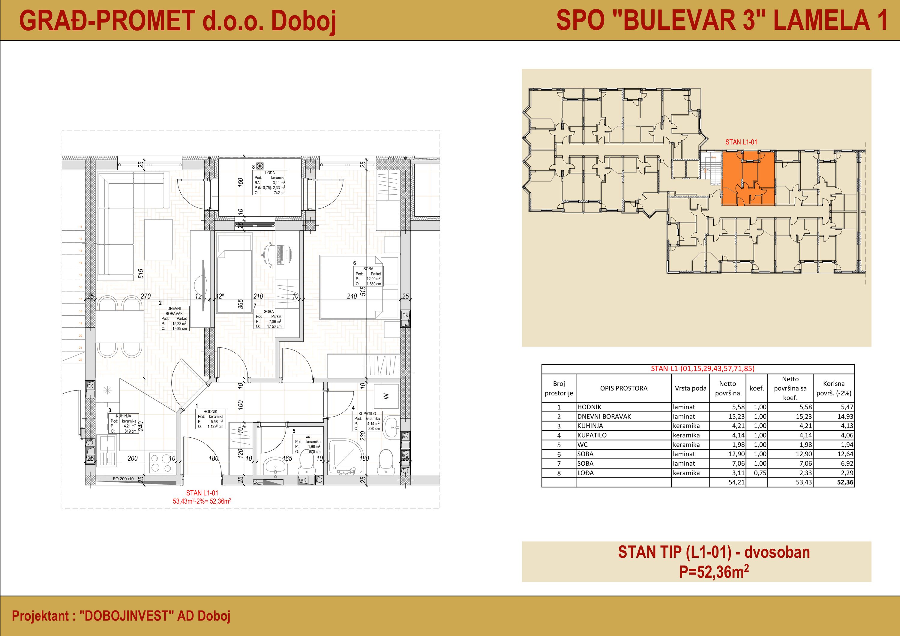 Dvosoban stan 85 · 52,36 m² · Lamela 1 — Fotografija 2