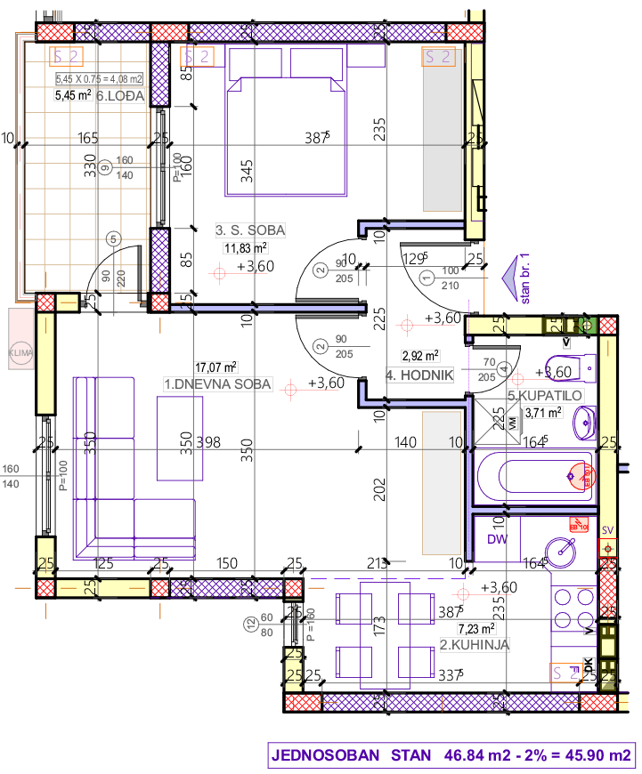 Jednosoban stan 1 (VII sprat) · 45,9 m² · Lamela 1 — Fotografija 2