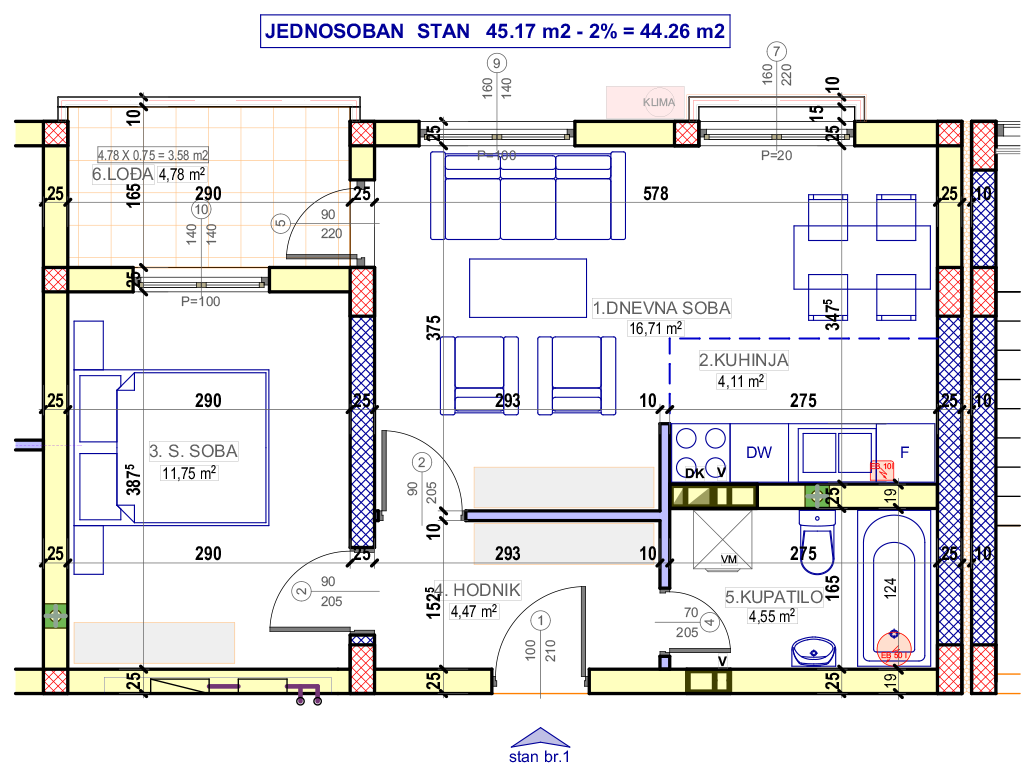 Jednosoban stan 1 (IX sprat) · 44,26 m² · Lamela 3 — Fotografija 2