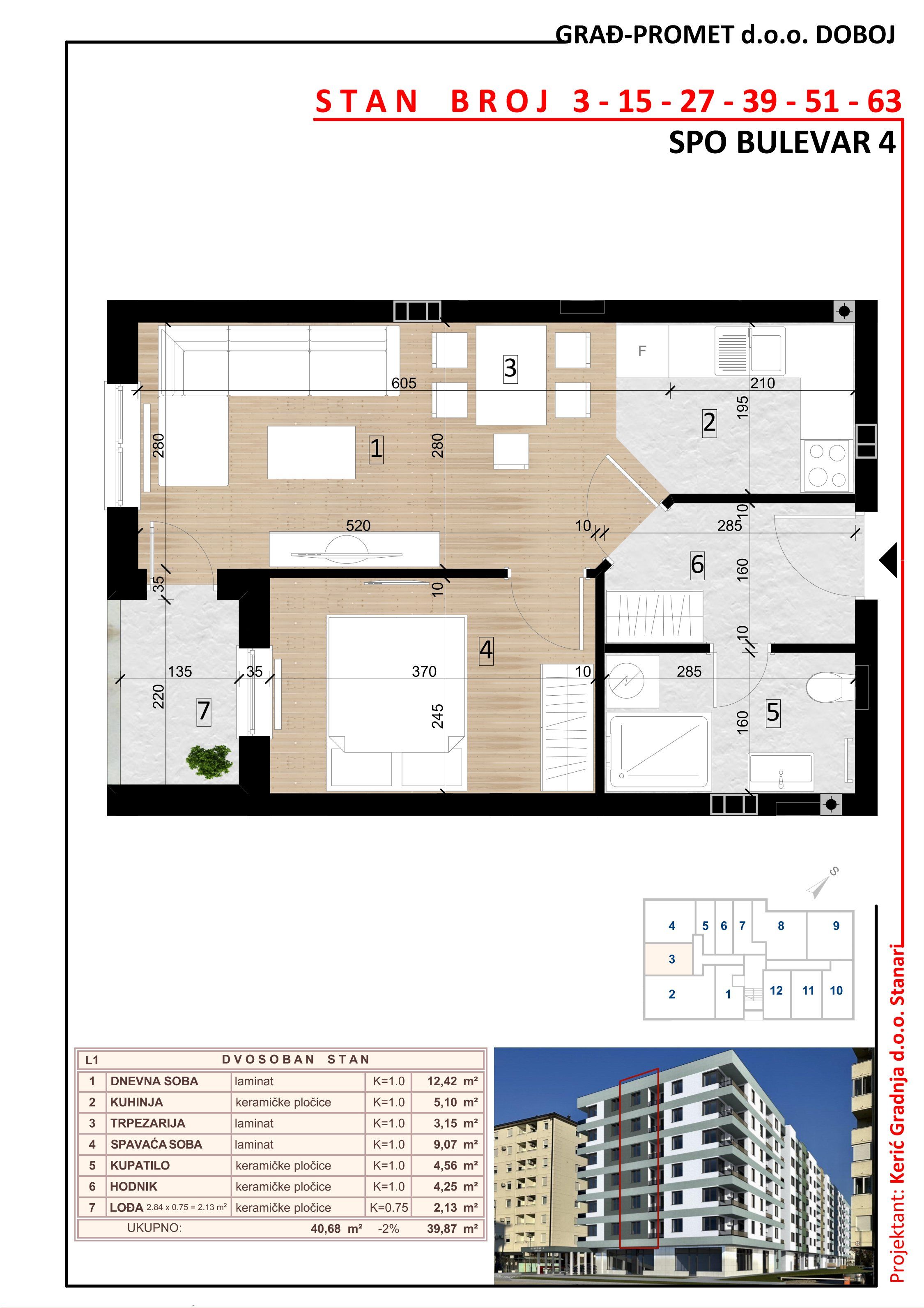 Dvosoban stan 3 · 39,87 m² · Lamela 1 — Fotografija 2
