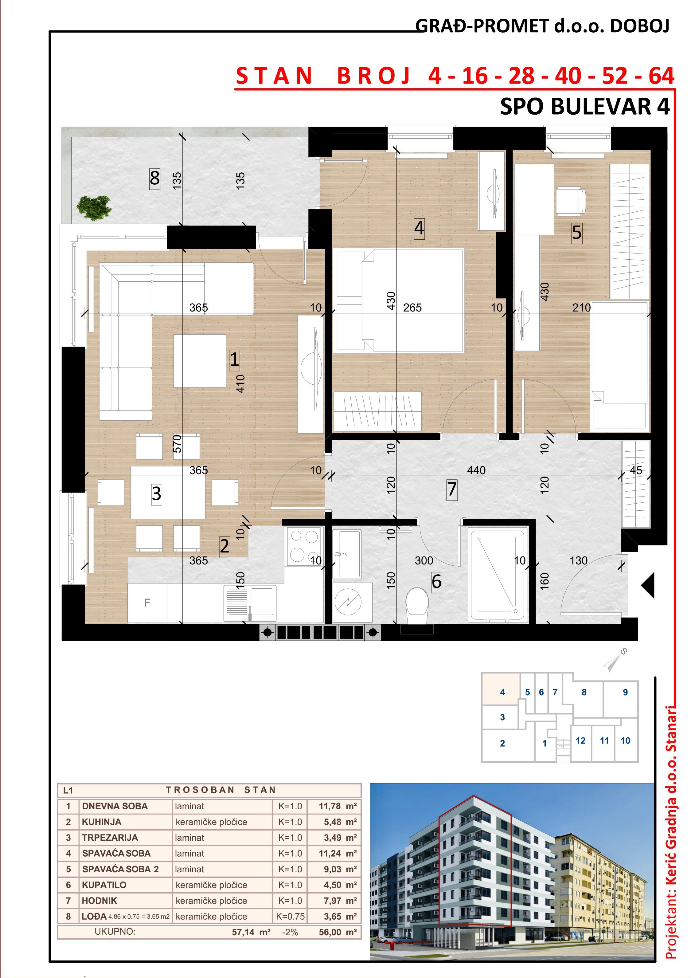 Trosoban stan 28 · 56 m² · Lamela 1 — Fotografija 2