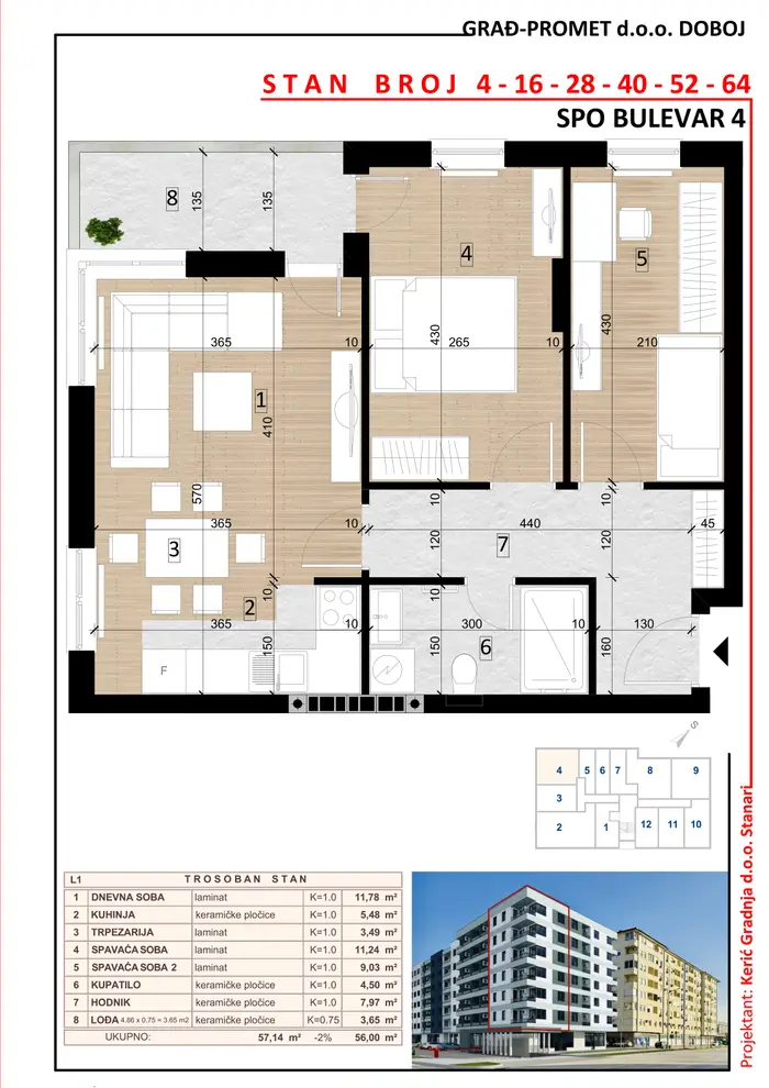 Trosoban stan 28 · 56 m² · Lamela 1 — Fotografija 2