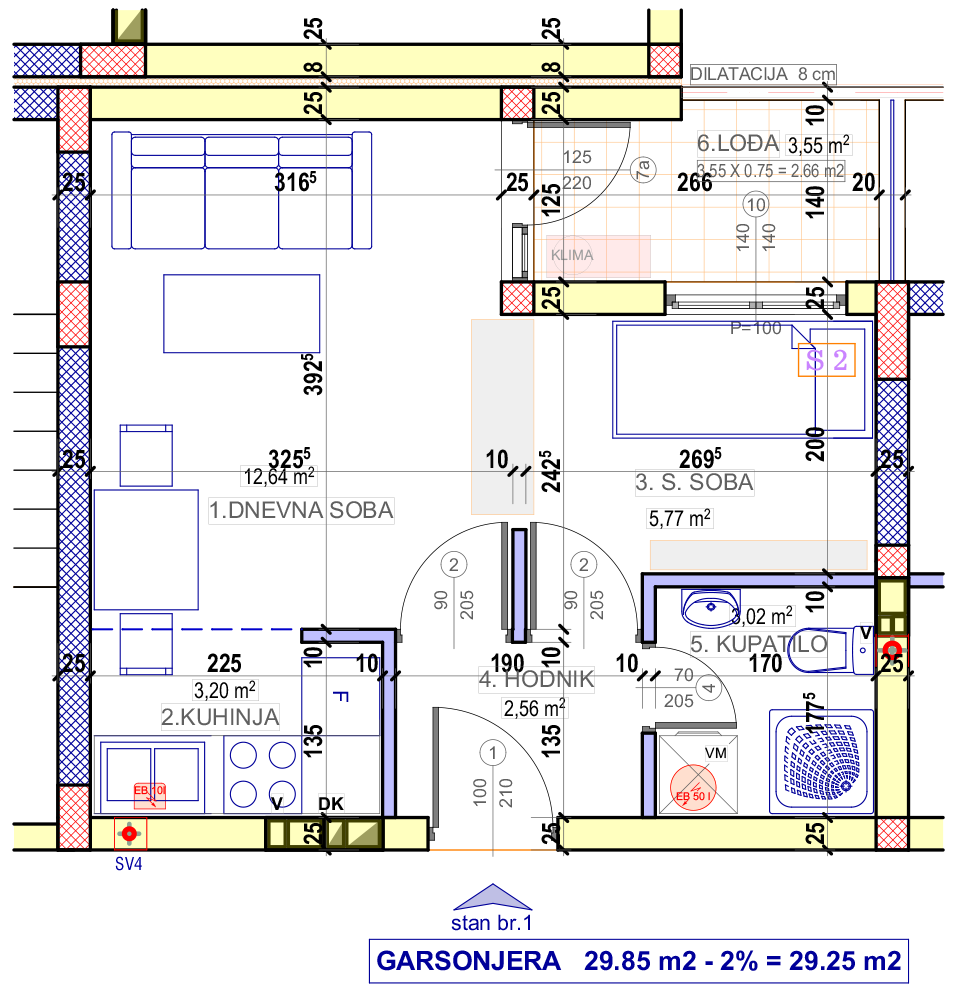 Garsonjera 1 (V sprat) · 29,25 m² · Lamela 2 — Fotografija 2