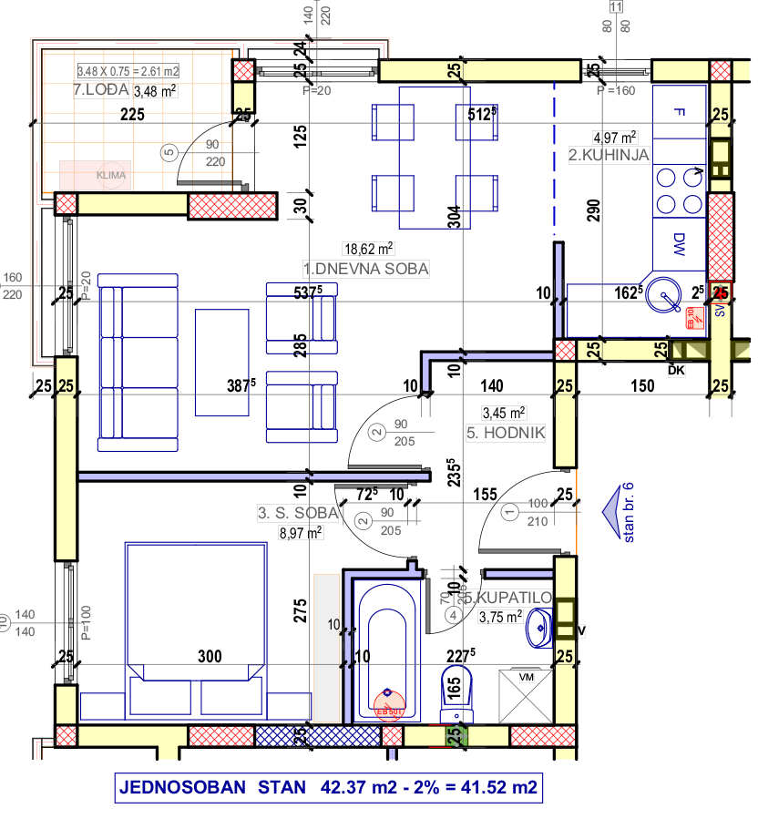 Jednosoban stan 6 (VII sprat) · 41,52 m² · Lamela 1 — Fotografija 2
