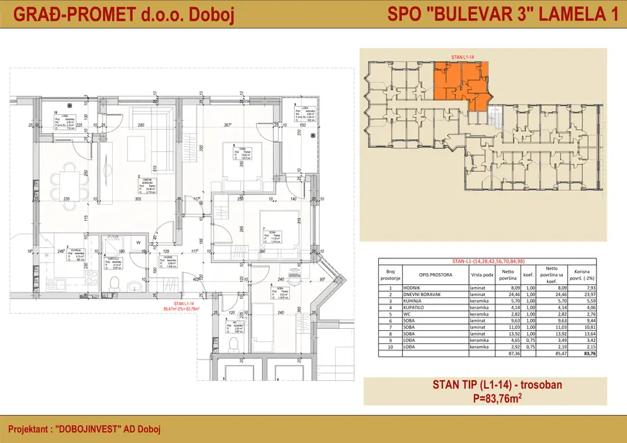 Trosoban stan 56 · 83,76 m² · Lamela 1 — Cover