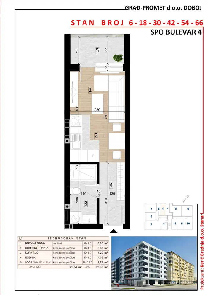 Jednosoban stan 18 · 23,36 m² · Lamela 1 — Fotografija 2