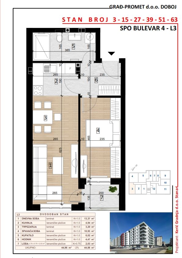 Dvosoban stan 3 · 44,06 m² · Lamela 3 — Fotografija 2