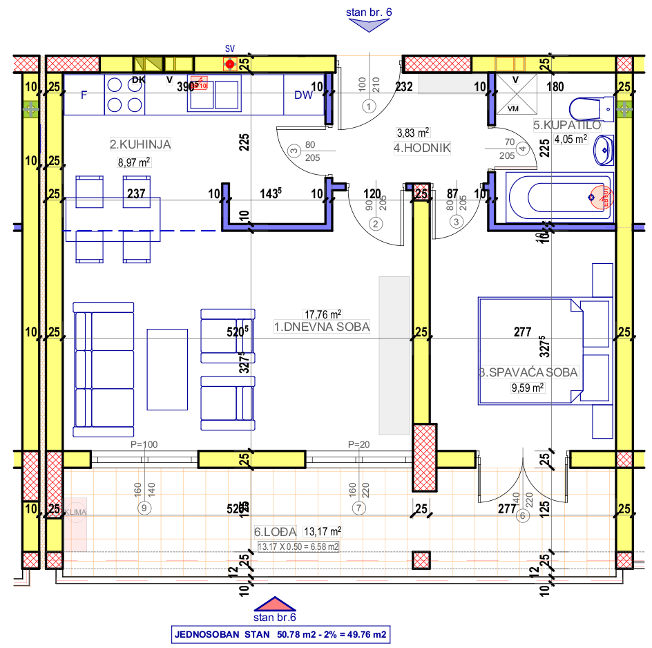 Jednosoban stan 6 (VIII sprat) · 49,76 m² · Lamela 2 — Fotografija 2