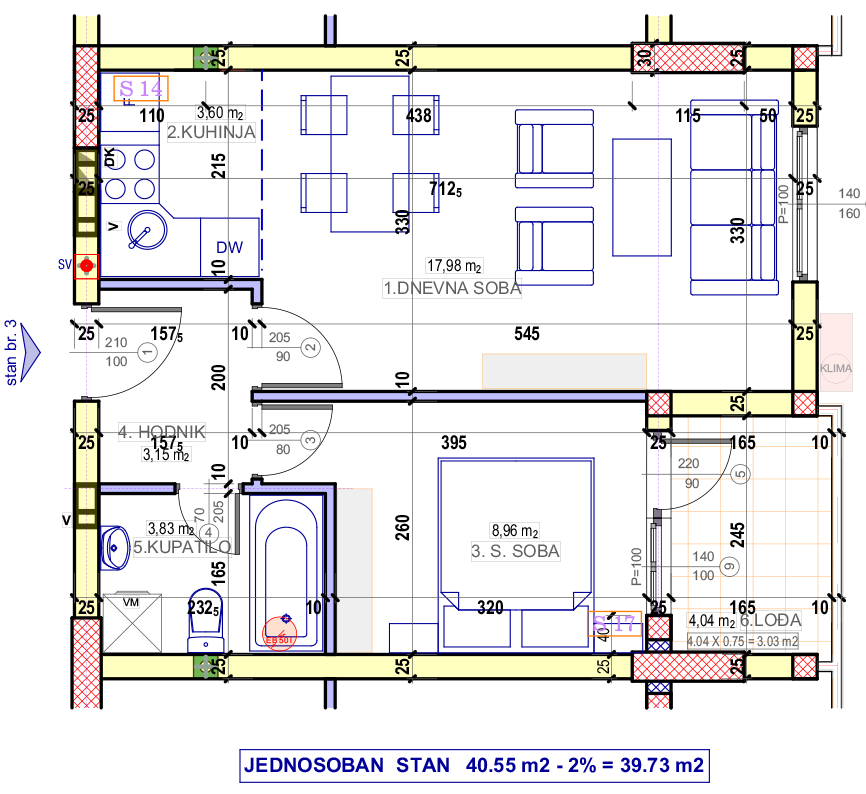 Jednosoban stan 4 (V sprat) · 39,73 m² · Lamela 1 — Fotografija 2