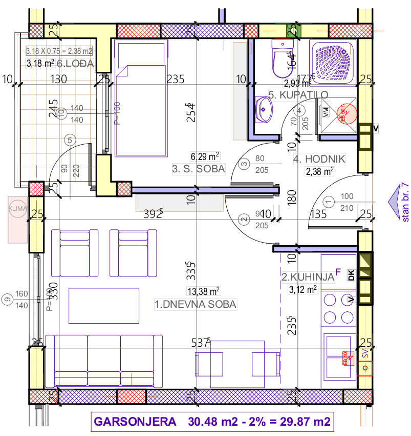 Garsonjera 7 (V sprat) · 29,87 m² · Lamela 1 — Fotografija 2