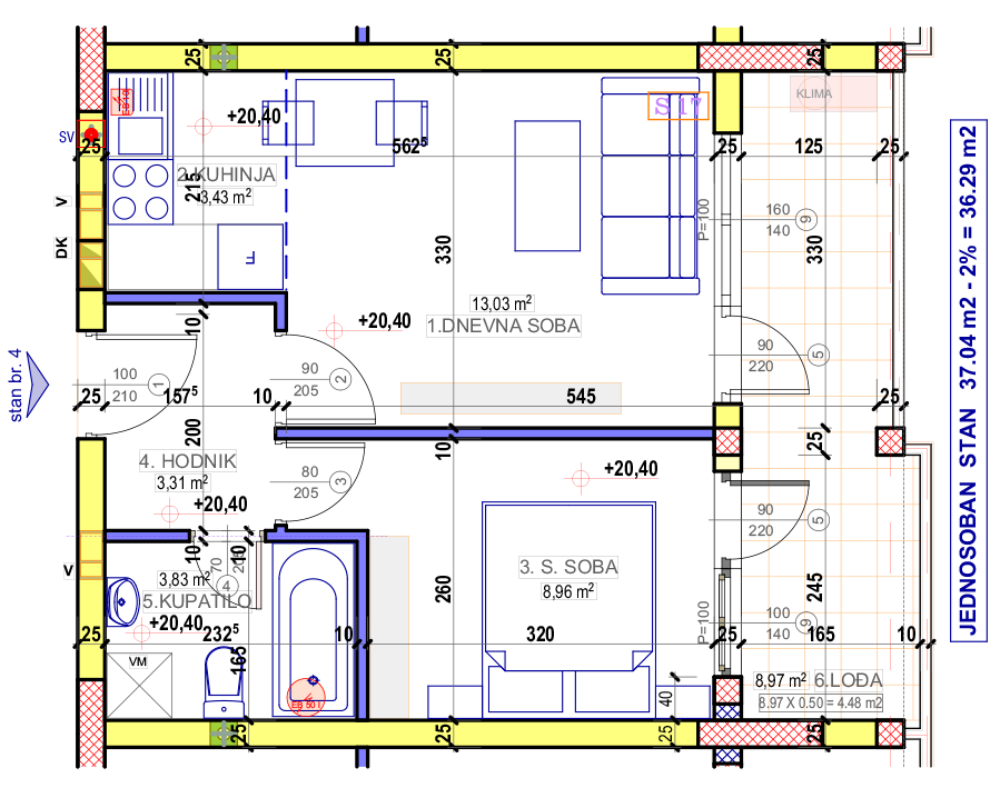 Jednosoban stan 4 (VII sprat) · 36,29 m² · Lamela 1 — Fotografija 2